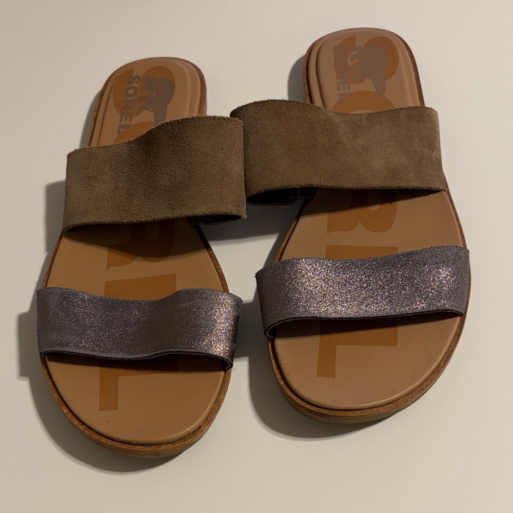 Sorel Brown and Metallic Slide Sandals
